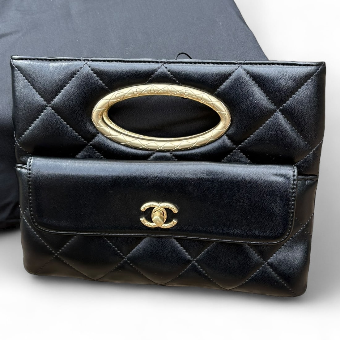 CHANEL Black/Gold Quilted Pocket Beaute Clutch On Chain & Original Box (1 of 12)
