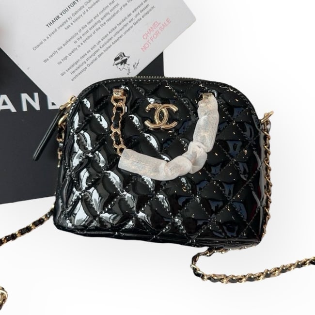 CHANEL Black Quilted Mini Shell Clutch W Chain Beaute Bag & Original Box: • CHANEL • Shell Clutch • Black • Gold Tone Hardware • Quilted Patent Pattern • Single Intertwined Leather Chain Strap • Shoulder Carry • Top Handle For Optiona