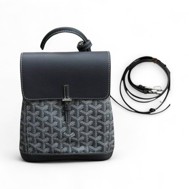 Goyard Blue Alpin Mini Beaute Backpack & Original Gift Bag: • Goyard • Alpin • Mini Backpack • Blue • Signature Print • Top Handle Or Shoulder Carry • Silver Tone Hardware • Removable Strap Included • Buckle Closure