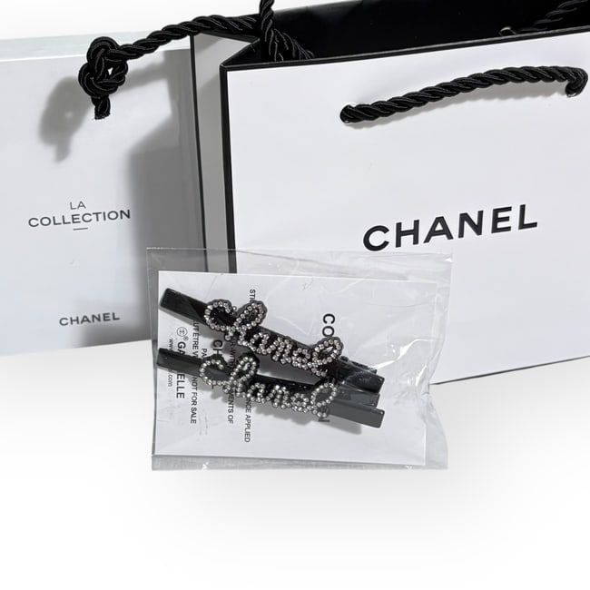 CHANEL 2Pc Black/White Rhinestone CC Hair Clips & Gift Bag (1 of 5)