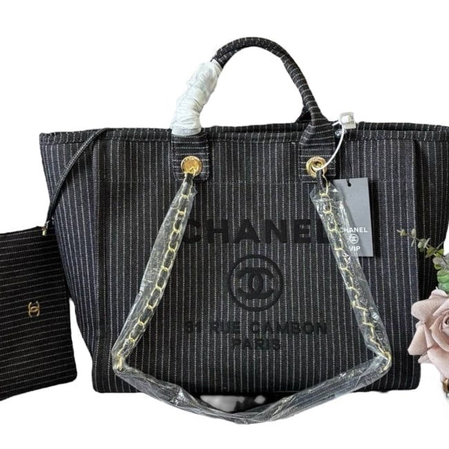 CHANEL Black Denim Pin Stripe Deauville Beaute Bag & Original Gift Bag (1 of 9)