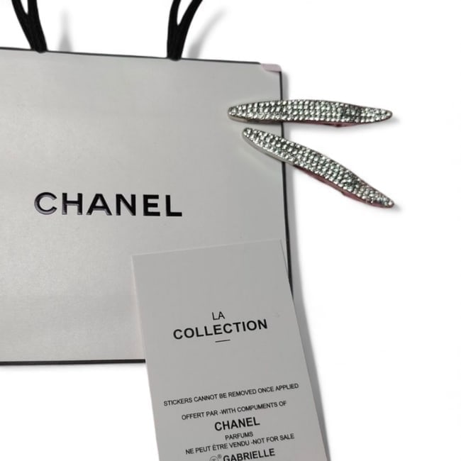 CHANEL 2Pc Lg Black/Rhinestone Covered Long Skinny Beaute Hair Clips & Gift Bag: • CHANEL • Gabrielle • 2Pc Set • Hair Clips • Black • Rhinestone Covered • Shape: Long Skinny • Size: Large • L.A Collection • Silver Tone Hardware &b