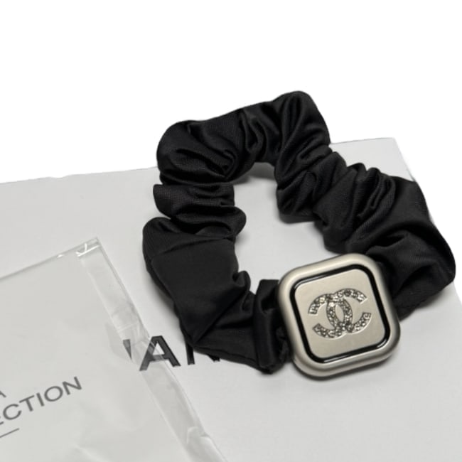 CHANEL Gold/White Rhinestone CC Square Scrunchy & Original Gift Bag: • CHANEL • L.A. Collection • Gabrielle • Scrunchy/Hair Tie • Gold • White Rhinestone CC Logo • Black Trim • Black Scrunchy • Shape: Square • Unope