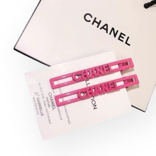 CHANEL 2Pc Hot Pink Logo Long Skinny Rectangle Hair Clips & Gift Bag: • CHANEL • Gabrielle • Hair Clips • 2Pc Set • Hot Pink • CHANEL Logo • Shape: Long Skinny Rectangle • Hot Pink Tone Hardware • L.A Collection • Un
