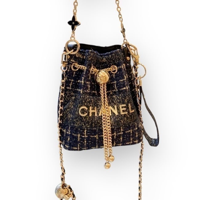 CHANEL Tweed 2Way Carry Blue/Gold Beaute Bucket Bag & Original Box: • CHANEL • Blue • Tweed • Gold Tone Hardware & Accents • Removable Shoulder Strap & Top Handle • Shoulder Or Top Handle Carry • 7" x 6" (in) • Drawstring Closur
