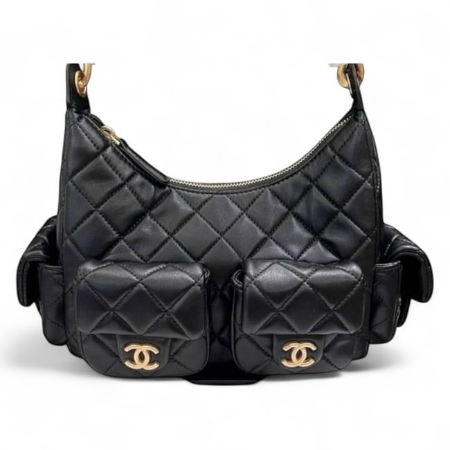 CHANEL Quilted Black/Gold Hobo Beaute Bag & Original Gift Bag: • CHANEL • Hobo • Shoulder Carry • Black • Quilted Pattern • Gold Tone Hardware • Zip Closure • Single Strap • Chunky Chain Strap • 2 Exterior Fro