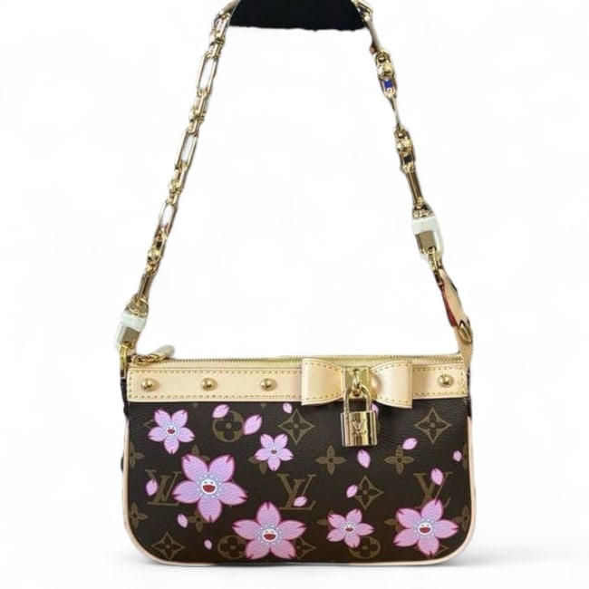Louis Vuitton Murakami Cherry Blossom Pochette Beaute Bag & Original Box: • Louis Vuitton • Pochette • Murakami Design • Monogram Pattern • Cherry Blossom Themed • Gold Tone Hardware • Zip Closure • Removable Strap • Interior Sli