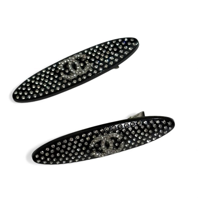 CHANEL 2Pc Black/Rhinestoned CC Long Oval Beaute Hair Clips & Gift Bag (1 of 5)