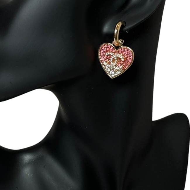 CHANEL Pink & White Rhinestone CC Heart Beaute Earrings & Original Gift Bag (1 of 2)
