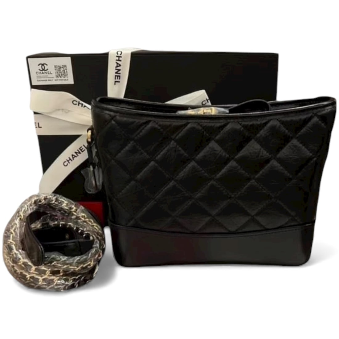 CHANEL Black/Red Quilted Gabrielle Beaute Bag & Original Box: • CHANEL • Black • Gabriella • Red Interior • Quilted Pattern • Gold Tone Hardware • Zip Closure • CHANEL Logo Charm • Removable Strap Included •