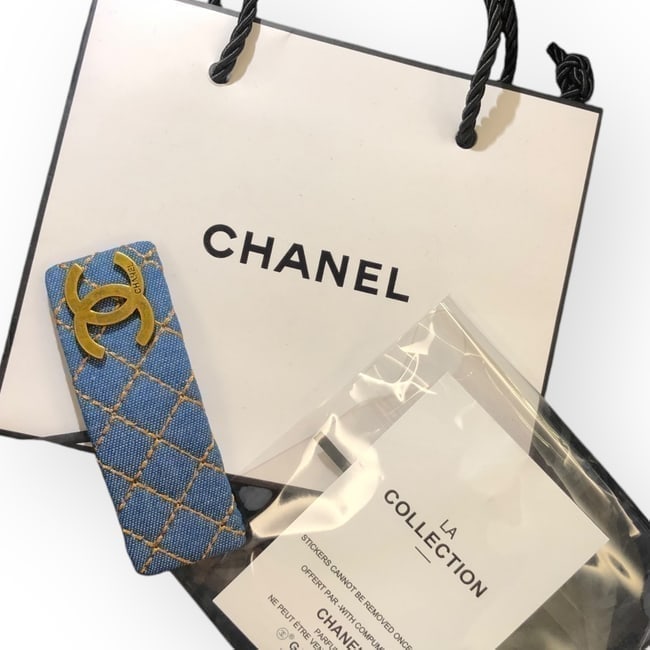 CHANEL Denim Long Rectangle Hair Clip & Gift Bag: • CHANEL • Gabrielle • Denim • Hair Clip • Quilted Pattern • Gold Accents • Gold CC Logo • Shape: Long Rectangle • L.A Collection • Origina