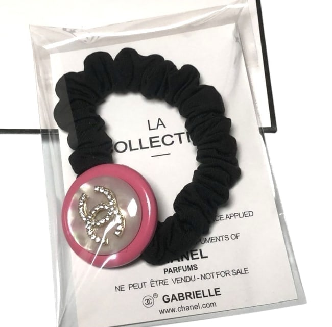 CHANEL Opal & Pink/White Rhinestone CC Hair Scrunchy & Gift Bag: • CHANEL • Style: Gabrielle • Color: Hot Pink Trim/Opal • Feature: White Rhinestone CC Logo • Type: Black Scrunchy • Collection: L.A Collection • Condition: Unopened