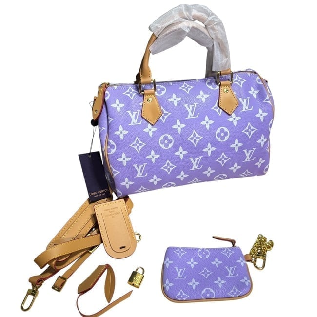 Louis Vuitton Purple/White Monogram Speedy 30 Beaute Bag, Strap, & Dust Bag: • Louis Vuitton • Speedy 30 • Purple • Monogram Pattern • White Accents • Gold Tone Hardware • Decorative Accent Chain • Top Handle For Optional Carry &bu