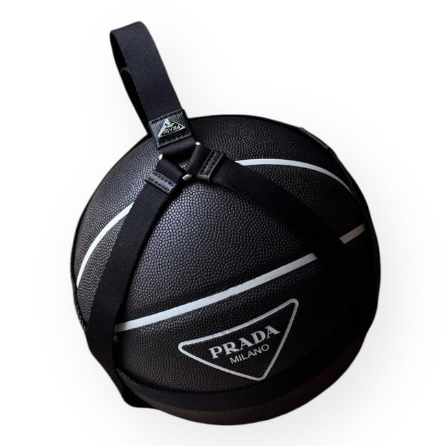 Prada Collectors Piece Black & White Front Logo Basketball & Carrier: • Prada • Basketball • Collectors Piece • Black • White Accents • Front Logo • Original Carrier Included • Silver Tone Hardware • Notice: The Thick W