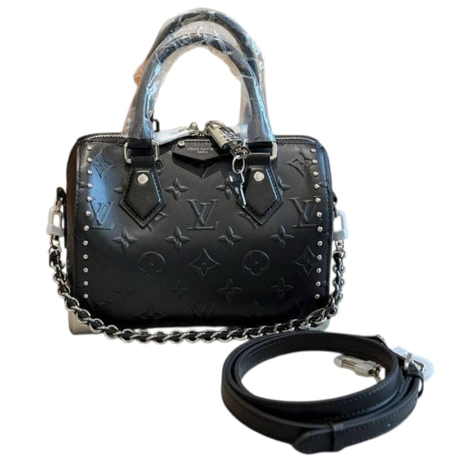 Louis Vuitton Black/Silver Monogram Speedy 20 Trunk Beaute Bag, Strap, & Lock/Key: • Louis Vuitton • Speedy 20 • Trunk Edition • Black Monogram • Silver Tone Hardware • Top Handle For Optional Carry • Double Handles • Lock & Key Included