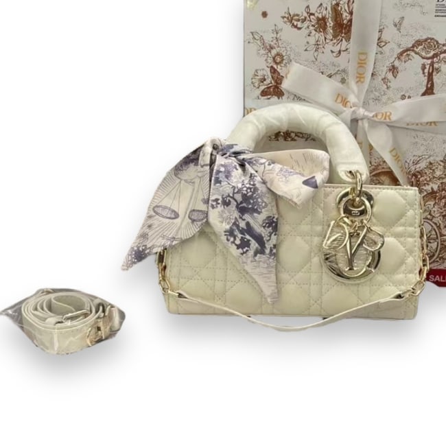 Christian Dior Small White Lady D-Joy Beaute Bag & Original Box: • Christian Dior • Lady D-Joy • White • Top Handle Or Shoulder Carry • Double Handles • Single Strap • Signature Dior Bag Charms • Magnetic Snap Closure •