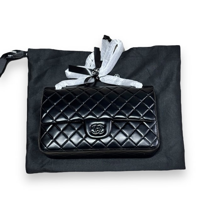 CHANEL Black on Back Medium Double Flap Beaute Bag & Original Box: • CHANEL • Double Flap Bag • Original Box Included • Black • Quilted Pattern • Black Tone Hardware • Signature CC Twist Lock Closure • Internal Zip Pocket &bull