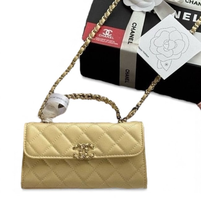 CHANEL Yellow//Gold WOC W/ Top Handle Beaute Bag & Original Box: • CHANEL • Yellow • Quilted Pattern • Wallet On Chain (WOC) • Intertwined Top Handle For Optional Carry • Gold Tone Hardware • Intertwined Front CC • Snap Closu