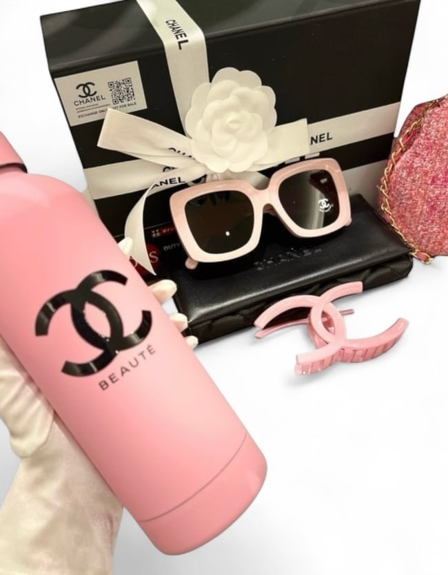 CHANEL Gift Set Pink Tweed 24P Mini Kelly Beaute Bag, Sunglasses, Thermos, Clip, & Box: • CHANEL • Gift Set Includes: Barbie Pink CHANEL 24P Mini Kelly Beaute Bag, Pink CHANEL Beaute Sunglasses (Original Box, Case, & Cloth Included), Pink CHANEL Thermas, & CHANEL Hair Clips &bu