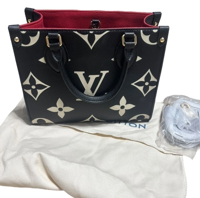 Louis Vuitton Black/Beige OnTheGo PM Beaute Bag & Original Box: • Louis Vuitton • OnTheGo PM • Tote • Black • Monogram Pattern • Cream/Beige Accents • Double Handles • Removable Strap Included • Gold Tone Hardware &