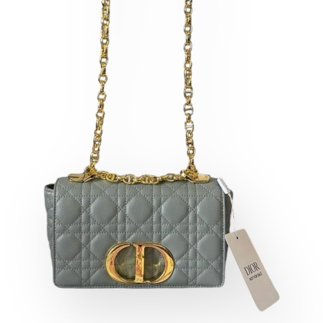 Christian DIOR Caro Grey/Gold Cannaga Beaute Bag & Original Box: • Christian Dior • Grey • Gold Tone Hardware • Cannage Pattern • Caro • Signature Front Logo • Shoulder Carry • Rear Exterior Slip Pocket • Interior Zip Po