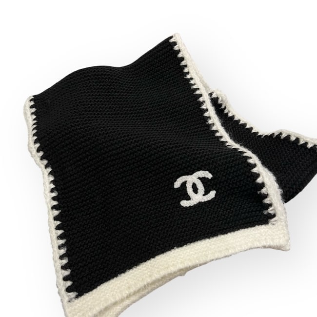 CHANEL Black & White CC Logo Beaute Scarf & Original Box: • CHANEL • Scarf • Black • White Accents • CC Logo • 67" x 12" (in) • Original Box Included • Makeup/Diffusion Line: Please note that gwp/beaute items are not s