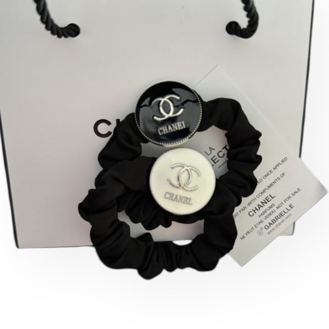 CHANEL 2Pc Black/White CC logo Round Hair Scrunchies: • CHANEL • L.A. Collection • Gabrielle • 2Pc Set • Hair Scrunchies • Black & White • Silver CC Logo • Black Scrunchies • Shape: Round • Unopened/I