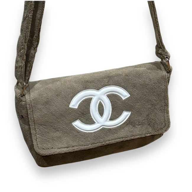 CHANEL Tan & White Precision Beaute Shoulder Bag: • CHANEL • Certificate: Certificate Of Authenticity Included • Color: Grey • Accents: White Accents • Style: Precision Bag • Carry: Shoulder Or Crossbody Wear • Stra