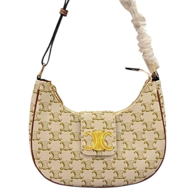 Celine Medium White/Gold Triomphe Tilly Beaute Bag & Original Box: • Celine • White • Tilly • Triomphe Pattern • Med • Original Box Included • 9.5" x 6" (in) • Gold Tone Hardware • Front Logo • Single Strap