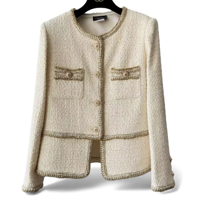 CHANEL Cream/Gold Detailed Tweed Button Up U.L Long Sleeve Pyramid Jacket (1 of 7)