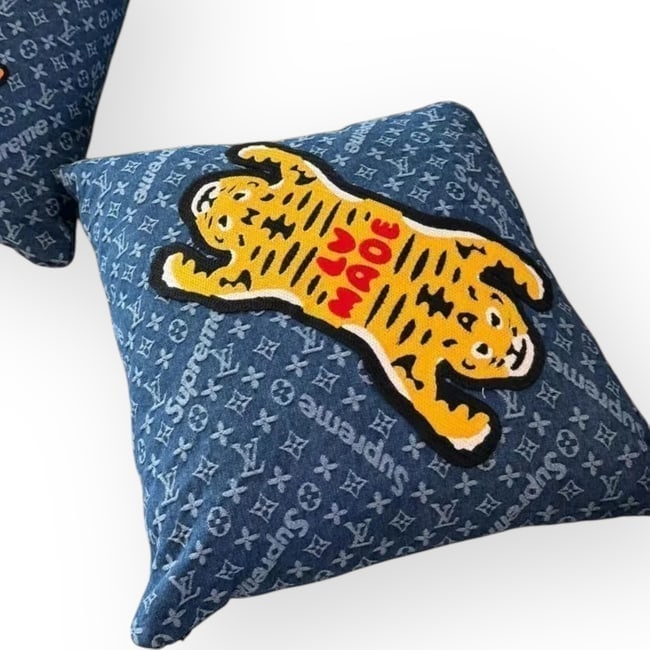 Custom Louis Vuitton Supreme Denim/White Nigo Tiger Square Throw Pillow: • Louis Vuitton • Custom Supreme Pillow • LV Nigo Tiger • Blue • Denim • White Accents • Shape: Square • Signature Monogram Print • Zip Closure • 1