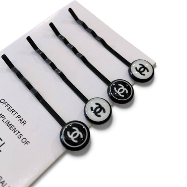 CHANEL 4Pc Black/White Hair Pins & Gift Bag: • CHANEL • Hair Pins • 4 Pc Set • Black & White • Black Tone Hardware • CC Logo • Original Gift Bag Included