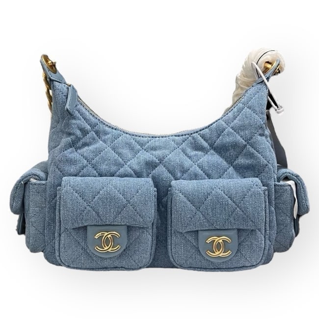 CHANEL Quilted Light Denim/Gold Hobo Beaute Bag & Original Box: • CHANEL • Hobo • Shoulder Bag • Light Denim • Quilted Pattern • Gold Tone Hardware • Zip Closure • Single Strap • Chunky Chain Strap • 2 Exterior