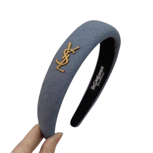 YSL (Saint Laurent) Light Denim & Gold Logo Headband & Original Box: • YSL (Saint Laurent) • Headband • Denim • Light Blue • Gold Tone Hardware • Side Logo • One Size • Original Box Included • Makeup/Diffusion Line: Please n
