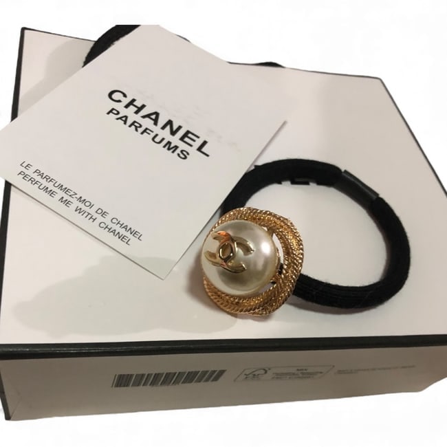 CHANEL Pearl Detailed/Gold CC Hair Tie & Gift Bag (1 of 3)