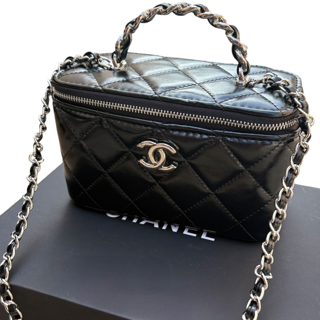 CHANEL Black/Silver Rhinestone Detail Top Handle Beaute Vanity Case & Original Box: • CHANEL • Type: Vanity Case On Chain • Color: Black • Pattern: Quilted • Hardware: Silver Tone • Carry Style: Top Handle For Optional Carry • Detail: White Rhinesto