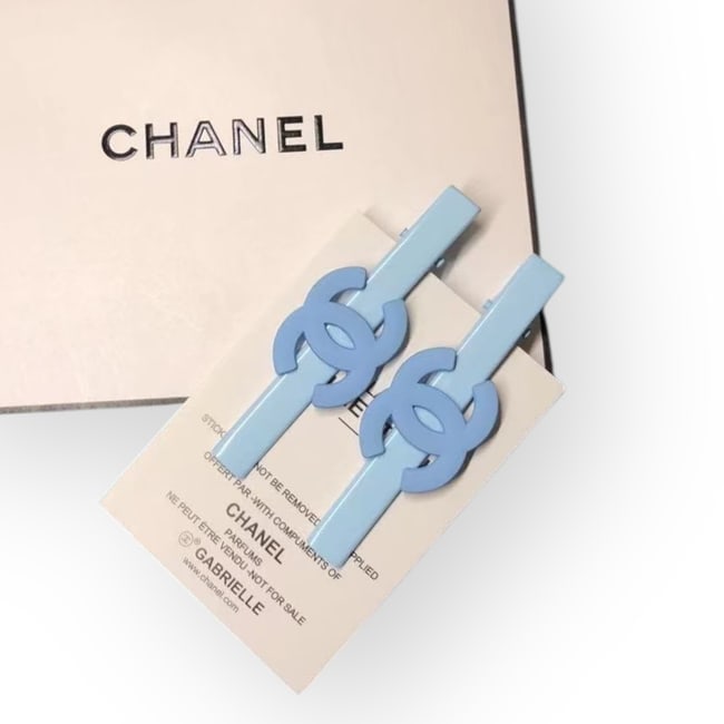CHANEL Lg 2Pc Blue CC Long Rectangle Hair Clips & Gift Bag: • CHANEL • Style: Gabrielle • Collection: L.A. Collection • Type: Hair Clips • Set: 2Pc Set • Color: Baby Blue • Logo: CC Logo • Shape: Long Rectangle • Si