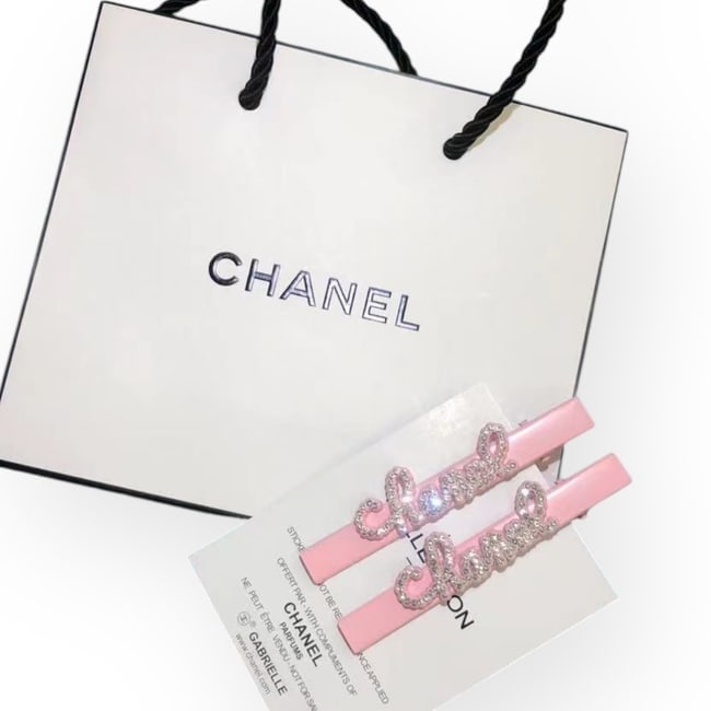 CHANEL 2Pc Pink/Frosty Rhinestone Logo Long Rectangle Hair Clips & Gift Bag: • CHANEL • L.A. Collection • Gabrielle • 2Pc Set • Hair Clips • Pink • Frost White Rhinestone CHANEL Logo • Pink Tone Hardware • Shape: Long Rectangle