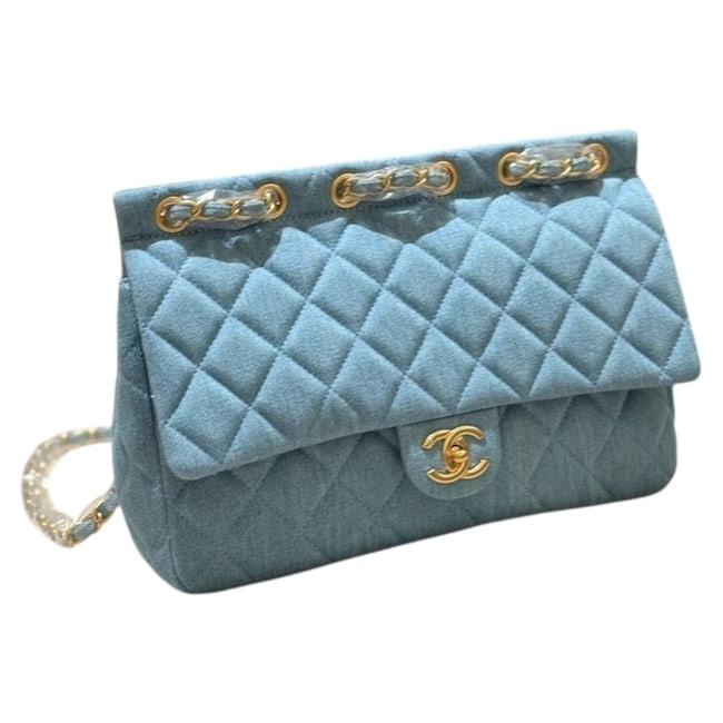 CHANEL LG Denim/Gold Flat Top SF Beaute Bag & Original Gift Bag: • CHANEL • Denim • Gold Tone Hardware • SF Flat Top • Intertwined Leather Chain Strap • Front CC Twist Lock Closure • Interior Zip Pocket • Shoulder Carry &bull