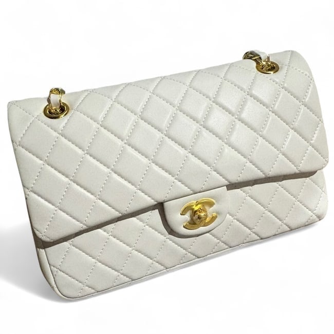 CHANEL White on Gold Medium Double Flap Beaute Bag & Original Box: • CHANEL • Double Flap Bag • Original Box Included • White • Quilted Pattern • Medium • Gold Tone Hardware • Signature CC Twist Lock Closure • Internal Zip