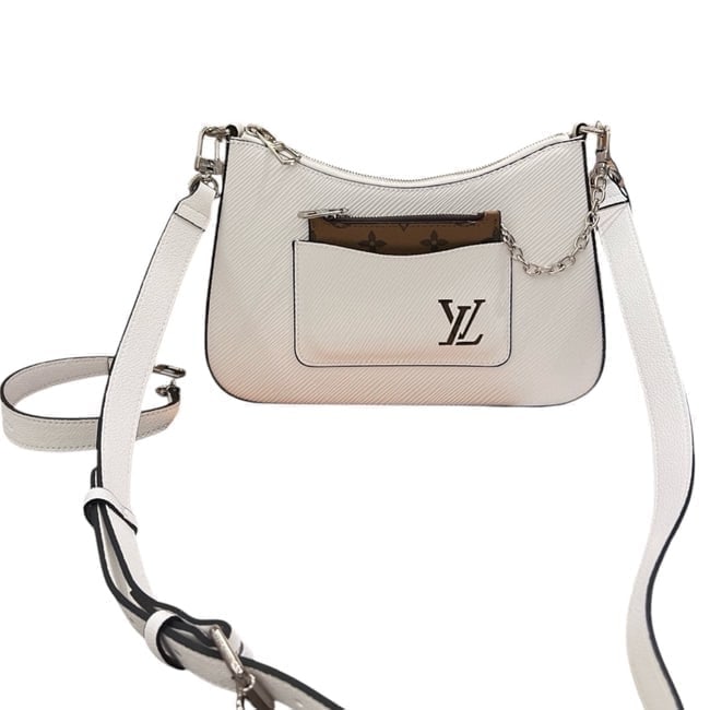 Louis Vuitton White/Brown Marelle Beaute Bag, & Pouch: • Louis Vuitton • White • Brown Trim • Marelle • Shoulder Bag • Removable Reverse Monogram Pouch • Adjustable Strap • Zip Closure • Side Pouch