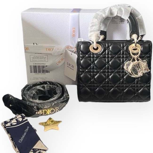 Christian Dior Lady Dior Black/Gold Cannage 2Way Carry Beaute Bag & Original Box: • Christian Dior • Lady Dior • Black • Cannage Pattern • Gold Tone Hardware • Top Handle Or Shoulder Carry • Removable Strap Included • Double Handles • Si