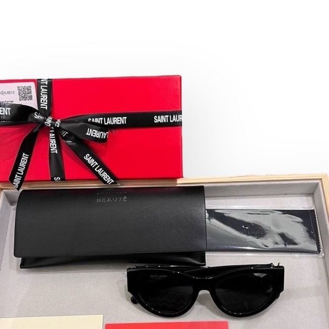 YSL Black/Gold Cat-eye Side Logo Beaute Sunglasses & Original Box: • Saint Laurent (YSL) • Women's • Certificate Of Authenticity Included • Original Box, Case, & Cleaning Cloth Included • Black • Gold Accents • Side Logo • Cat