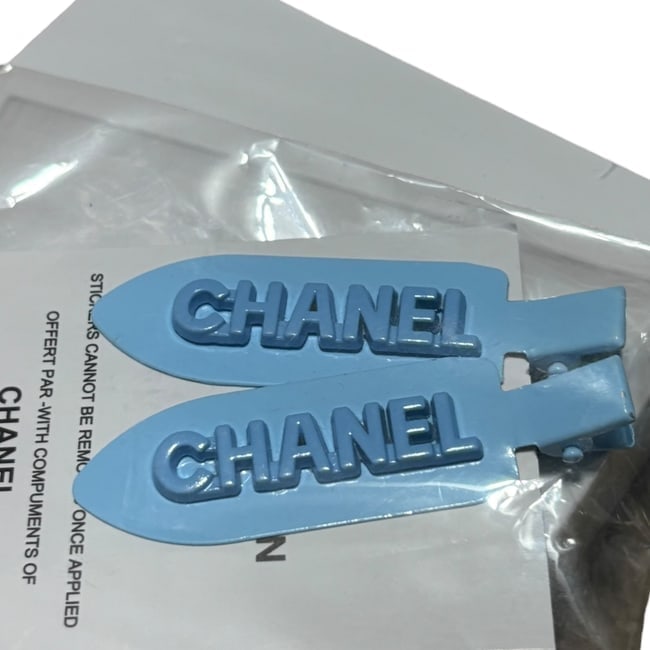 CHANEL 2Pc Lg Sky Blue Front Logo Hair Clips & Gift Bag: • CHANEL • L.A. Collection • Hair Clips • 2Pc Set • Gabrielle • Sky Blue • Top Logo • Original Gift Bag Included