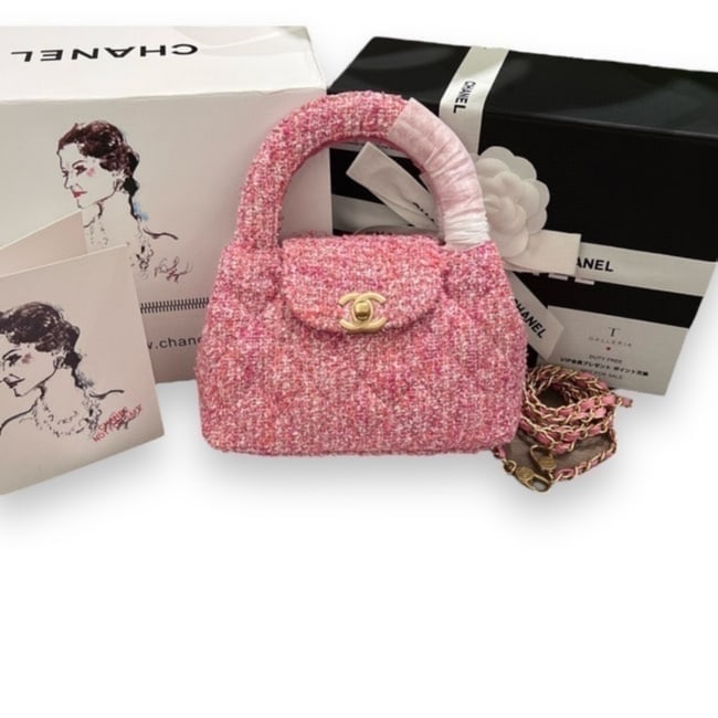 CHANEL Pink Tweed 24P Mini Kelly Beaute Bag & Original Box: • CHANEL • Barbie Pink • Tweed • Top Handle Carry • Shoulder Carry Optional • Removable Strap Included • Gold Tone Hardware • Intertwined Leather Chain Strap &b