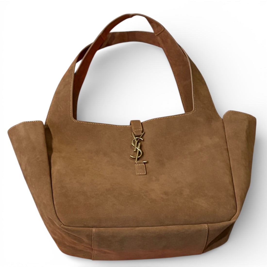 YSL Saint Laurent Lg Suede/Gold LE 37 Beaute Bucket Bag & Original Box: • YSL Saint Laurent • LE 37 • Bucket Bag • Tan Suede • Original Box Included • Gold Tone Hardware • Front YSL Logo Hook Closure • Double Handles • Single S
