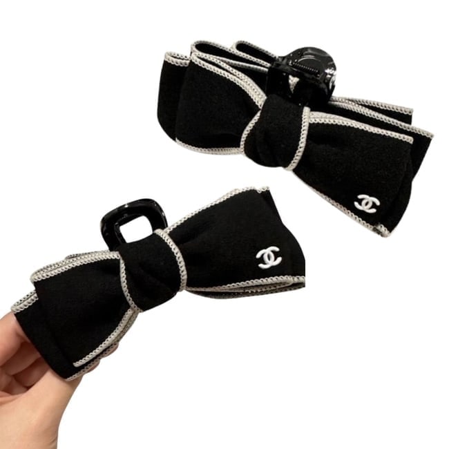 CHANEL 2Pc lg Black Bow Detail Hair Clips & Original Box: • CHANEL • Type: Hair Clips • Set: 2 Pc Set • Included: 2 Black Hair Clips • Size: Large • Feature: Front Logo • Detail: Bow Detail • Packaging: Box Included
