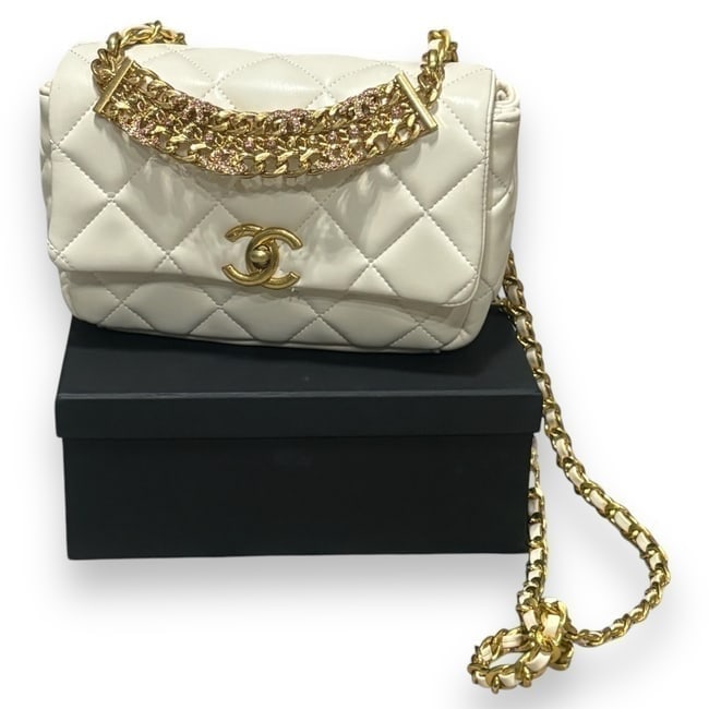 CHANEL Cream & Pink Rhinestone Halo Quilted Beaute Shoulder Bag & Original Box: • CHANEL • Cream • Quilted Pattern • Pink/White Rhinestone Covered Halo • Gold Tone Hardware • Single Strap • Shoulder Bag • Intertwined Leather Chain Strap &bu