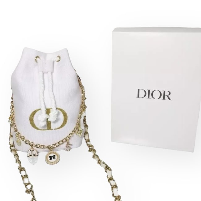 Christian DIOR White/Gold 2Way Carry Drawstring Beaute Bag & Box (1 of 8)