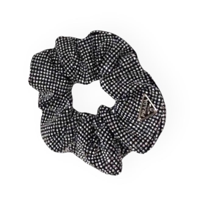 Prada Lg Black/Silver Crystal Covered Scrunchy: • Prada • Scrunchy • Black • Silver Crystal Covered • Top Logo